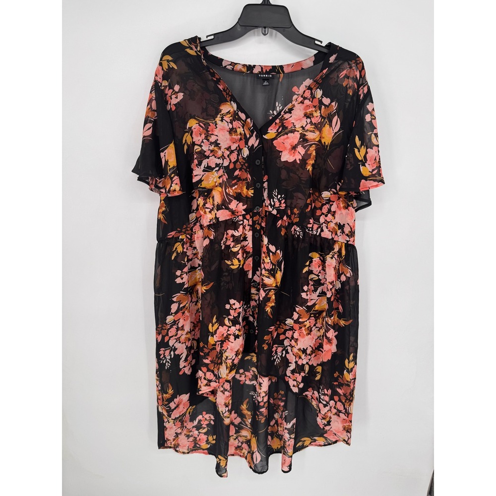 Torrid Kimono Top Womens 2 Black Good Floral Sheer Button Front High Low Hem